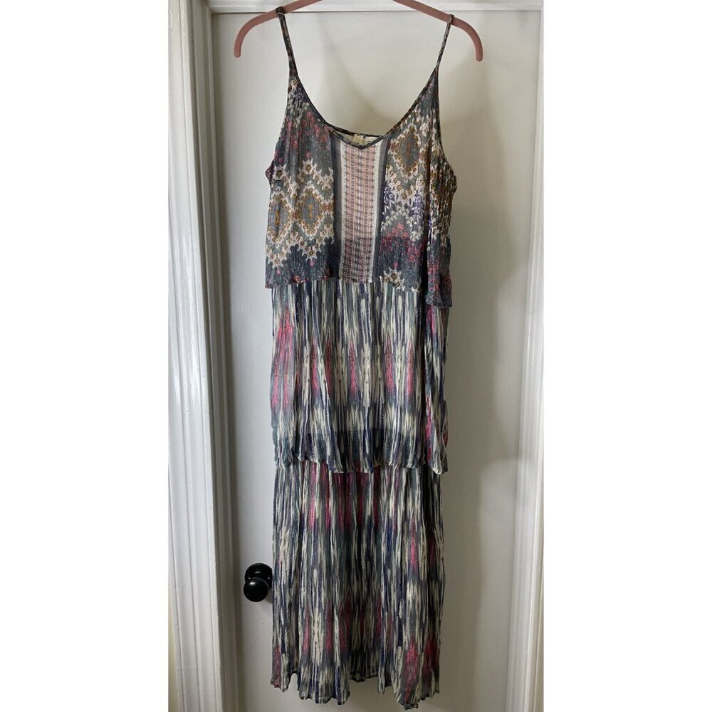 Meadow Rue By Anthropologie Tiered Maxi Dress Multicolor Silver Thread Size 10 - Picture 3 of 9